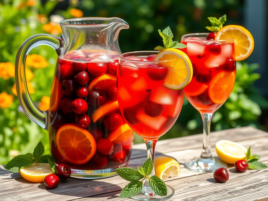 Refreshing Cherry Sangria Recipe A pitcher of Cherry Sangria with cherries and citrus slices, served in glasses with mint leaves on a wooden table.